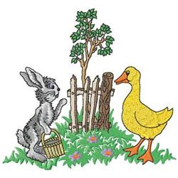 Playful rabbit with a basket beside a bright yellow duck, set against green grass and a wooden fence, capturing Easter joy.
