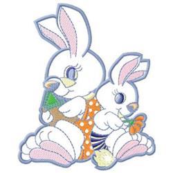 Colorful rabbits in an orange polka dot outfit and vibrant attire playfully interact with a tree and flower for Easter.