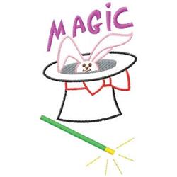 Cartoon rabbit peeking from a magician's hat with colorful 'MAGIC' text and sparkly wand, playful theme.