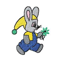 Cute rabbit in a yellow and blue outfit, joyfully holding a green flower for spring, perfect for kids.