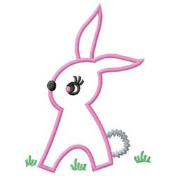 Playful white rabbit with a pink outline stands on green grass, capturing spring's joy in a cartoonish style.