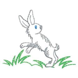 Playful rabbit with blue eyes leaps through soft green grass, capturing cheerful spring vibes in a minimalist style.