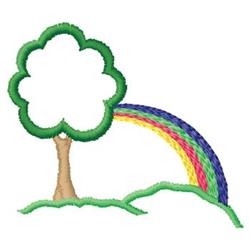Colorful whimsical tree with a vibrant green outline and rainbow, perfect for spring-themed textiles.
