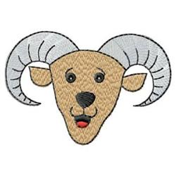 Cartoonish ram head with large curled white horns, light tan face, and playful smile, perfect for kids' designs.