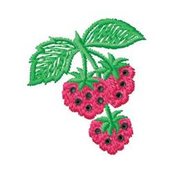 Colorful cluster of red raspberries with green leaves, black seed accents, vibrant summer design for kitchen towels.