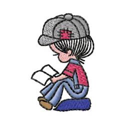 Cartoonish boy reading a book with a playful smile, wearing a cap in bright colors, perfect for cheerful decor.