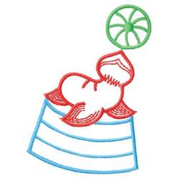 Cheerful red fish on a blue and white striped buoy topped with a green float, perfect for children's summer themes.