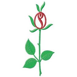 Applique red rose with a bright bloom, featuring lush green leaves and a sleek stem in a vibrant embroidery style.