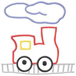 Cheerful red train with a yellow window and black wheels, whimsical blue cloud overhead, playful design for kids.