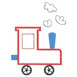 Whimsical red train with blue smoke stack and stylized clouds, perfect for playful young designs.