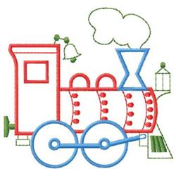 Playful cartoon train design in bright red with blue wheels and green accents, featuring a whimsical steam plume.