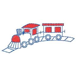 Playful red train design with a blue outline, depicting a vibrant engine and curved track for children's projects.