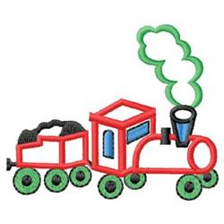 Cartoon red train with green wheels and blue window, puffing green smoke, perfect for playful kids' apparel.