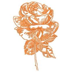 Stylized rose in warm orange with intricate petal details and graceful stalk, designed for machine embroidery.