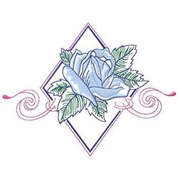 Elegant rose with pale blue petals and delicate green leaves, framed in a diamond shape, perfect for quilting.