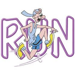 Cartoon runner in athletic attire mid-stride, with bright colors and the word 'RUN' in bold purple, embodying energy.