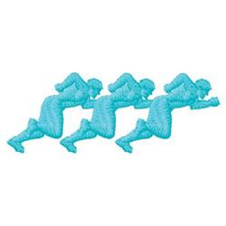 Running figures in a simple style, three blue athletes in motion, arranged for a dynamic effect.