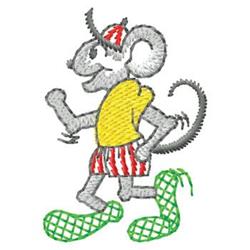 Playful cartoon mouse in bright yellow shirt and red striped shorts, running energetically. Perfect for kids.
