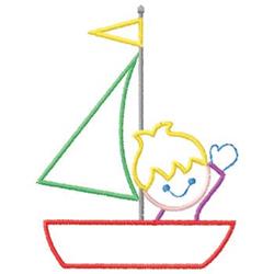 Playful sailboat with a vibrant green sail and a cheerful child waving, outlined in red.