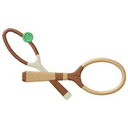 Whimsical scissors with light brown and green handles and brown blades, featuring a minimalistic design.