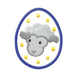 Cute sheep's face in an egg shape with blue outline and yellow dots, perfect for playful Easter decor.