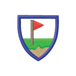 Shield with a blue border and a red flag on a gray pole against green grass and tan sand.