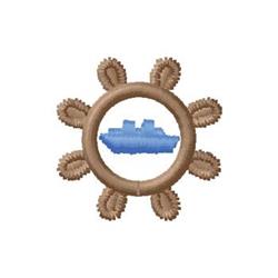 Light blue ship in a circular brown frame with decorative loops, playful maritime theme.