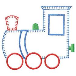 Simple train in playful style with bright white body, blue outline, red wheels, and whimsical design for kids.