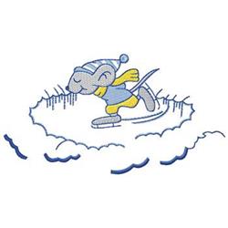 Playful mouse in a blue cap skating on ice, cheerful expression, surrounded by soft clouds, winter theme.