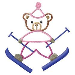 Cheerful bear on blue skis with ski poles, dressed for winter fun in a playful cartoon style.