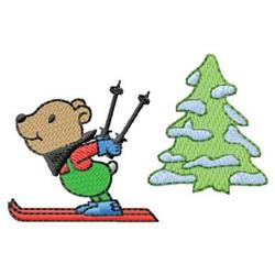 Playful skiing bear in vibrant attire on red skis with a snowy tree backdrop, perfect for winter decor.