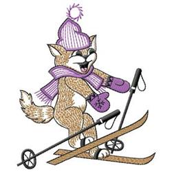 Playful cartoon fox skiing with a purple hat and scarf, joyful winter activity in vibrant colors, perfect for embroidery.