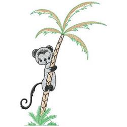 Playful small monkey clings to a vibrant palm tree with green fronds and a sand-colored trunk, tropical charm.