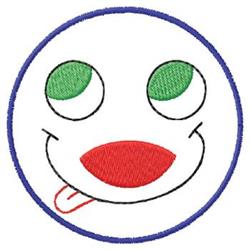 Cheerful smiley face with white circular features, green eyes, red tongue, and playful blue outline. Perfect for kids' decor.
