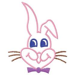 Smiling bunny with a pink face, blue eyes, brown whiskers, and a purple bow tie for Easter decor.