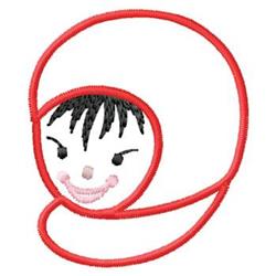 Playful cartoon face with black hair and a big smile, outlined in red, perfect for children's items.