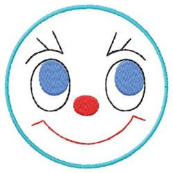Cheerful smiling face in a circular design with blue eyes, a red nose, and a light blue border. Cartoon style.