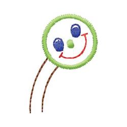 Cheerful smiling face with blue eyes and a red smile, framed by a playful green circular border. FSL design.