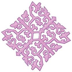 Whimsical snowflake in soft pink with intricate swirling lines and symmetrical shapes, perfect for winter decor.