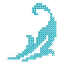 Cross stitch stylized cat in light blue with a curved tail, featuring a modern and minimalist design.