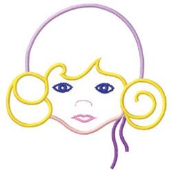 Cheerful stylized face with large eyes and playful curly hair in yellow and purple, ideal for kids' projects.