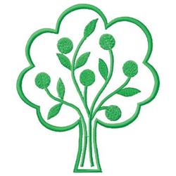 Stylized tree with bright green outline, rounded canopy, and round foliage pieces in a modern, minimalistic style.