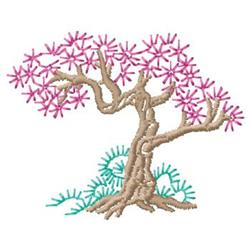 Whimsical tree with a twisting brown trunk, adorned with pink flowers and lush green foliage.