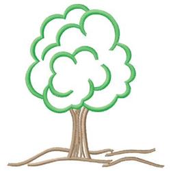 Stylized tree with fluffy green foliage, a brown trunk, and subtle roots in a simple, colorful design.