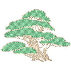 Stylized tree with lush green leaves and a detailed brown trunk, naturalistic embroidery representing nature.