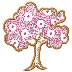 Stylized tree with a brown trunk, curly branches, and playful pink flowers, ideal for spring decor.