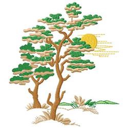 Stylized tree landscape with lush green leaves, a brown trunk, and a vibrant yellow sun in the background. Nature-inspired de