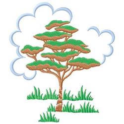 Whimsical tree with vibrant green foliage on a brown trunk, surrounded by blue clouds and lush grass.
