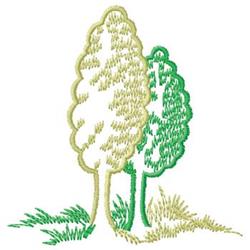 Stylized trees in light and dark green with clean lines and soft grass, perfect for minimalist decor.