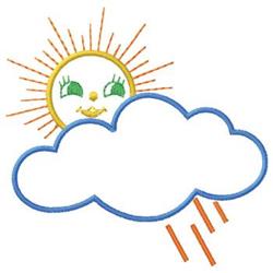 Whimsical sun with a smiling face, green eyes, and orange rays beside a fluffy blue cloud with orange raindrops.